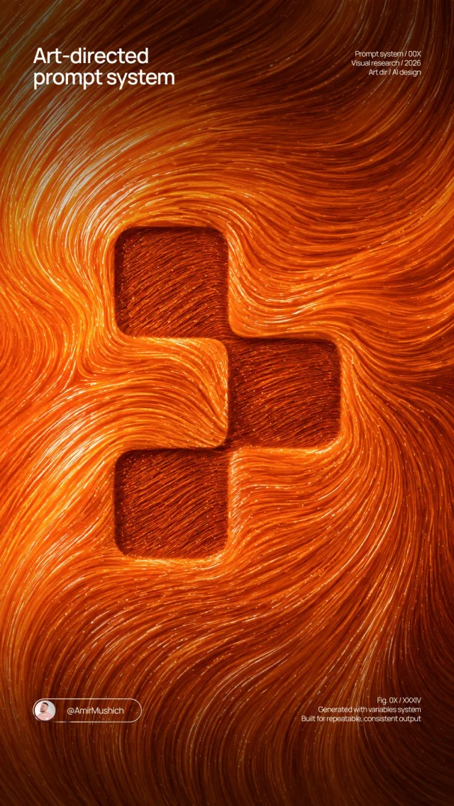 An orange viscous fiber-flow relief visualization embedding a blocky logo silhouette into dense wet resin-like filaments with specular ridges and swirling directional flow.