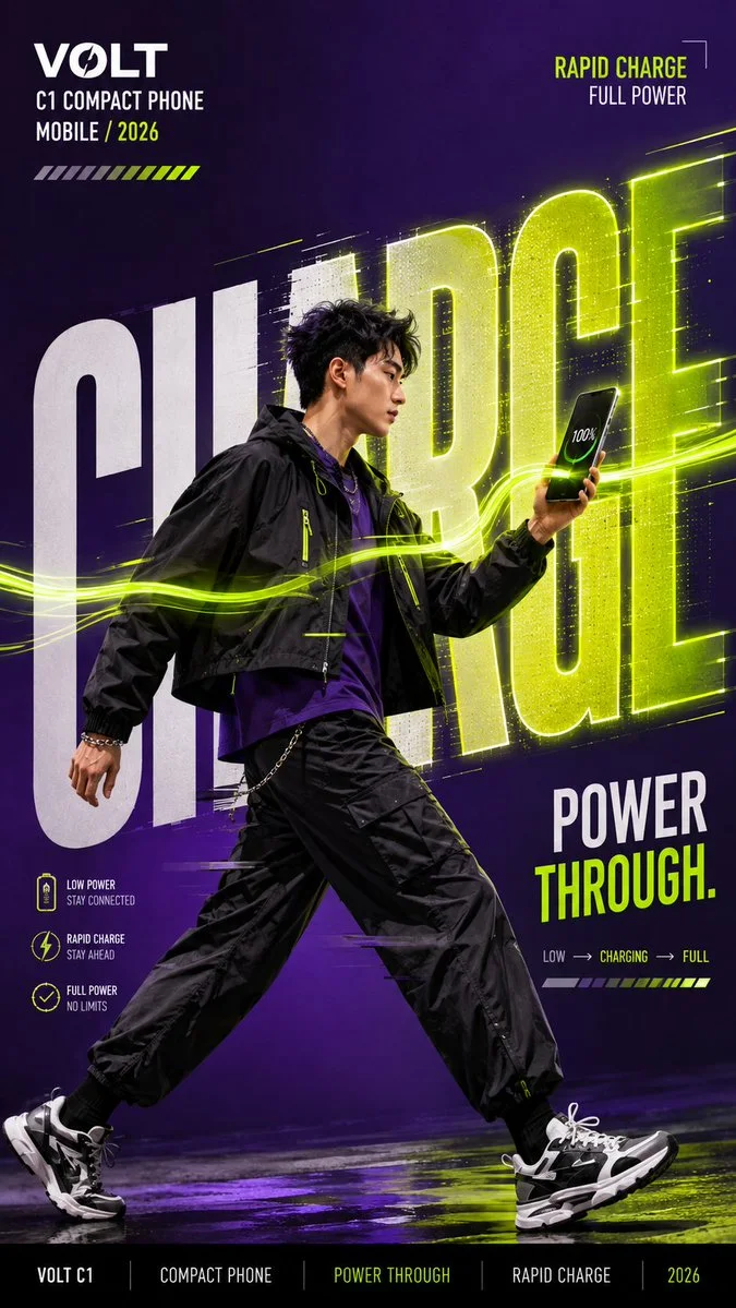 A bold phone campaign poster where a model passes through CHARGE typography and is energized by neon yellow light trails on a purple background.