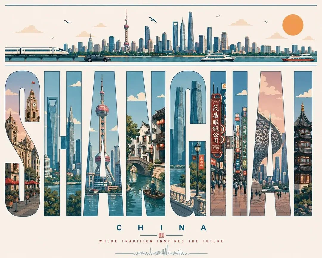 A typography-based travel poster for Shanghai, with giant letters filled by skyline towers, streets, canals, signs, and mid-century editorial vector illustration.