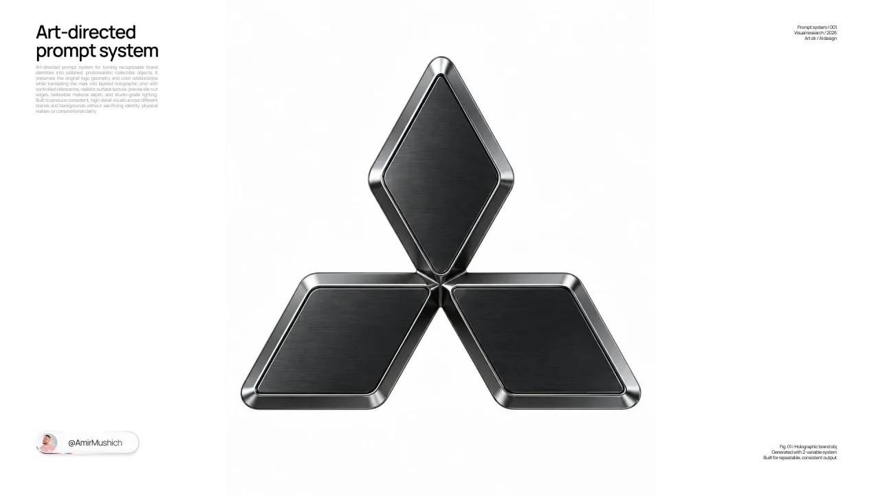 A Mitsubishi-style three-diamond logo transformed into a realistic dark metallic 3D object on a white studio background.