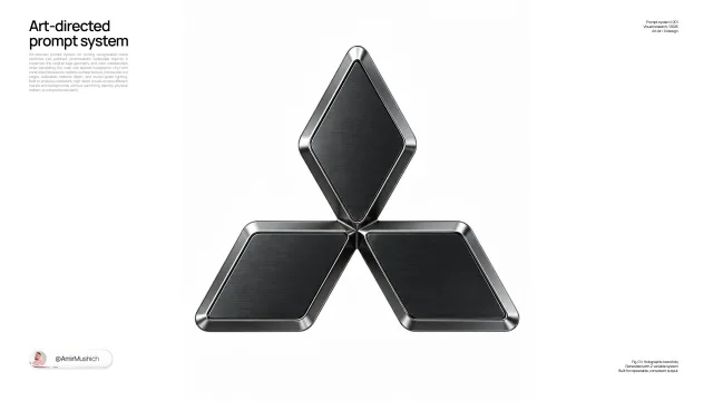 A Mitsubishi-style three-diamond logo transformed into a realistic dark metallic 3D object on a white studio background.