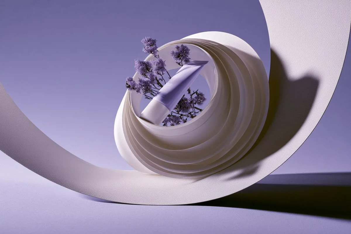 A premium studio product photo of a lavender cosmetic tube nested in a white ribbed spiral sculptural setting with purple flowers and lavender backdrop.