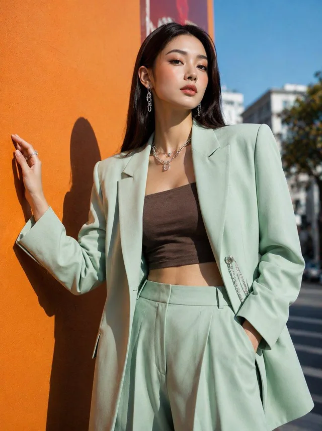 A Korean street-fashion editorial portrait of a young woman posing beside a bold orange wall under bright sun, wearing an oversized pastel mint green blazer and matching trousers over a dark brown cropped tube top, with silver earrings and necklaces, slee