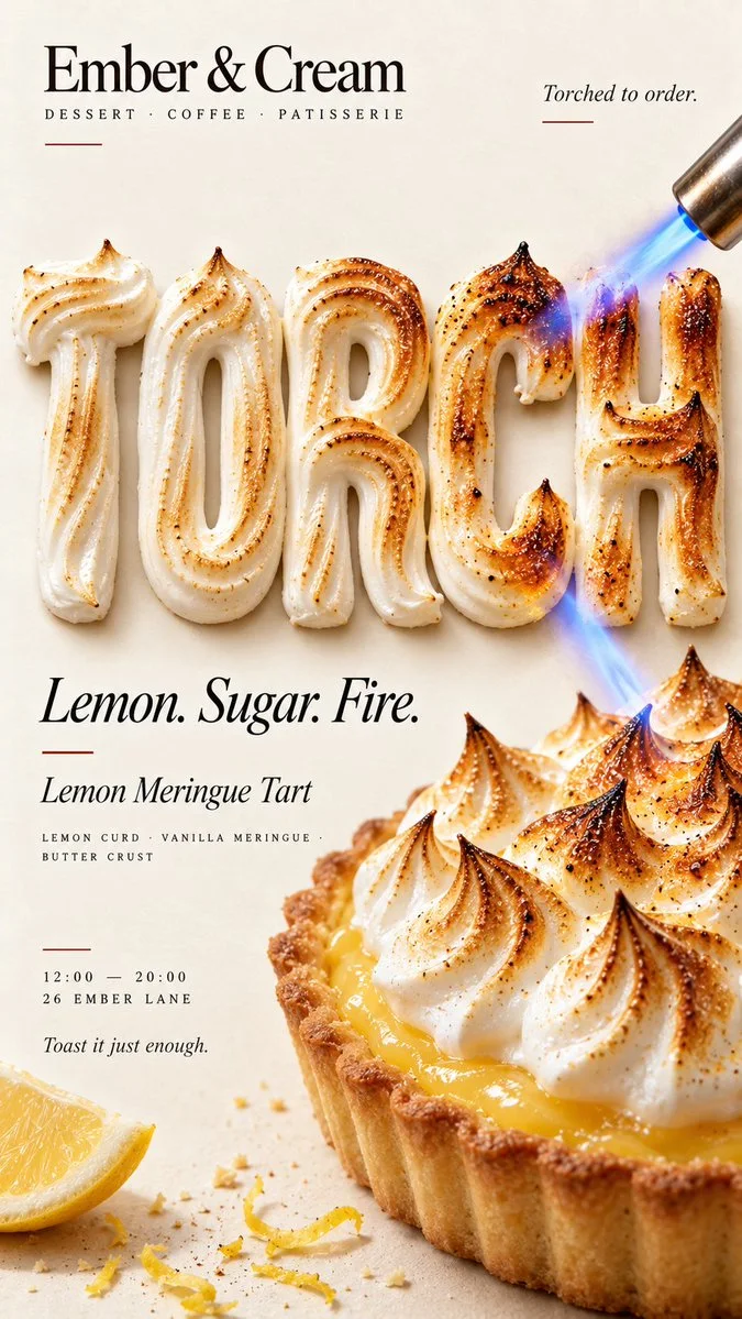 A lemon meringue tart poster where a torch toasts oversized pastry typography.