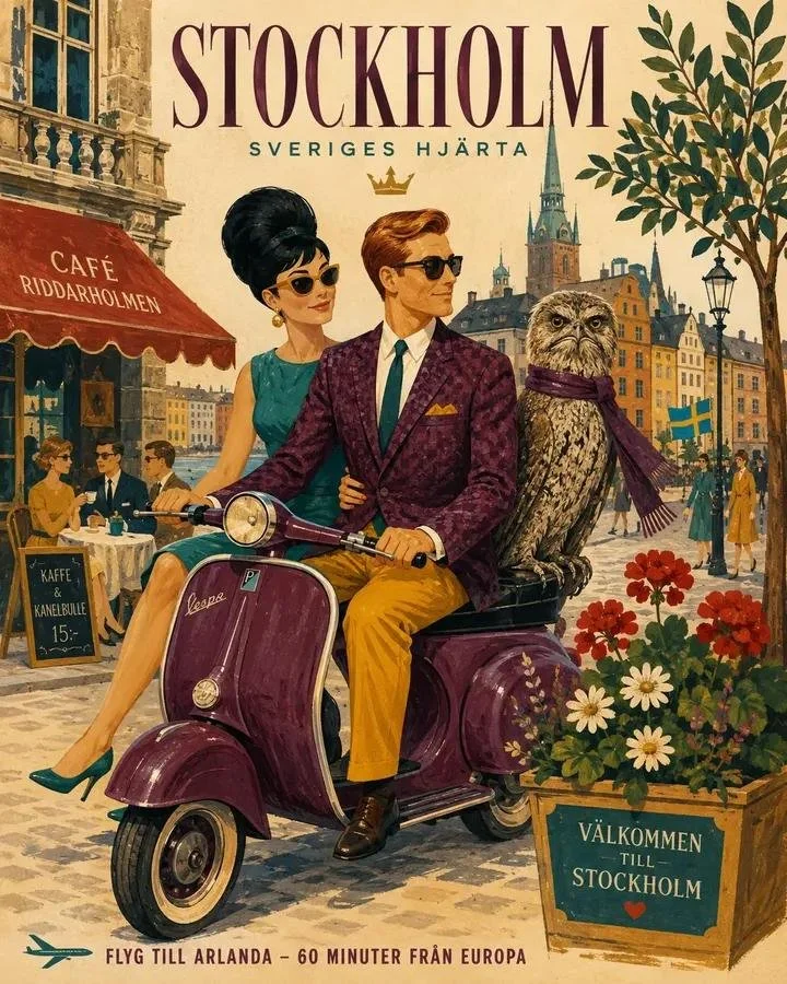 A mid-century Stockholm travel-ad illustration of a stylish couple riding a purple Vespa with an owl companion, café street scenery, flowers, Swedish flags, and vintage gouache texture.