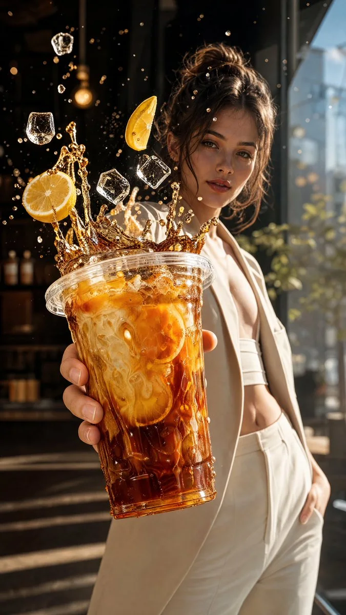 A Vogue-style beverage campaign poster with energetic yet elegant splash physics and cinematic color grading.