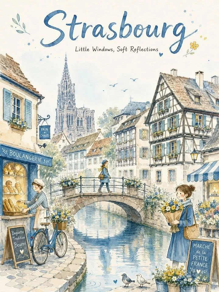 A warm minimal watercolor Strasbourg city postcard poster with canal, half-timber houses, cathedral, bakery, flowers, blue typography, and soft aqua summer palette.