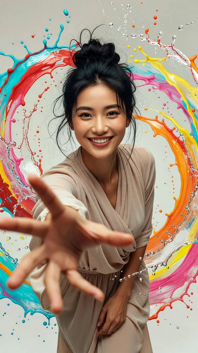 A third colorful splash portrait with the woman smiling, messy high bun, beige outfit and foreground hand softened by depth of field.