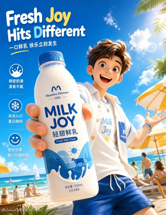 A bright flagship fresh milk sales poster showing a smiling stylized male ambassador holding an oversized Milk Joy bottle toward the camera on a sunny beach.