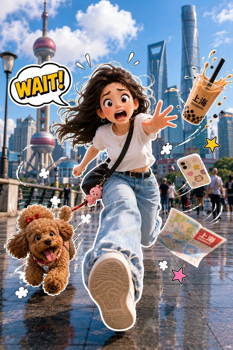 A playful sticker-style character running through a real-life location with speed streaks and a comic speech bubble.
