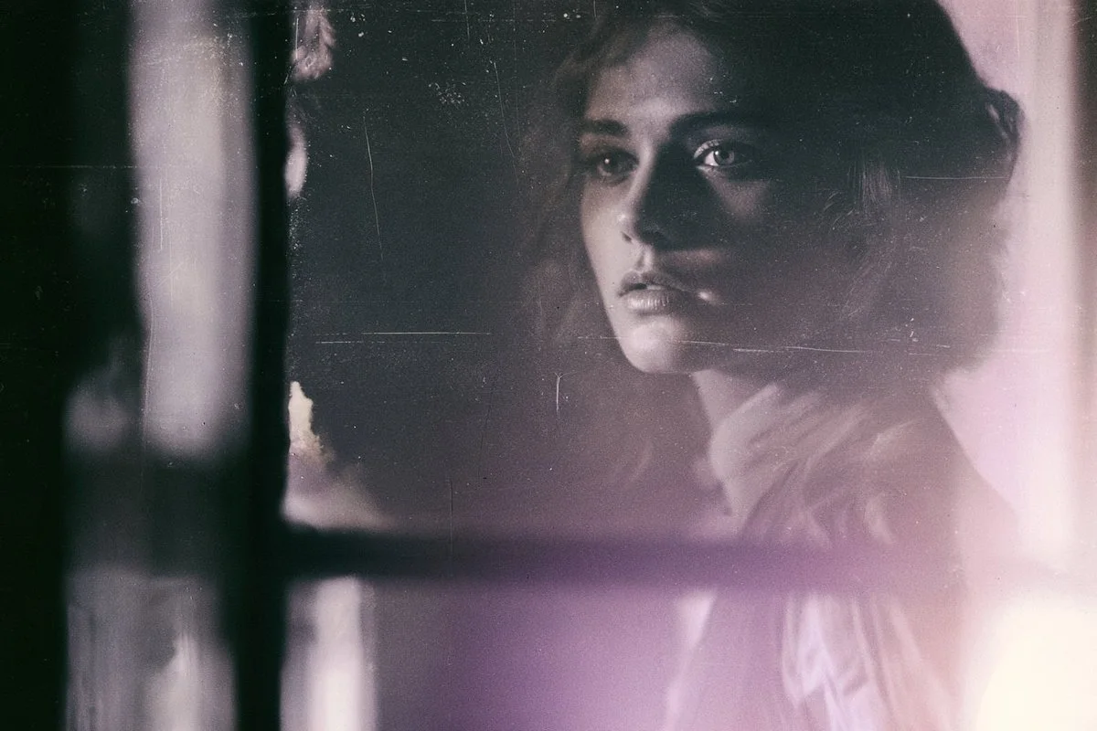 A woman gazing through a window in a scratched, faded-silver silent-film dream with lavender accents.