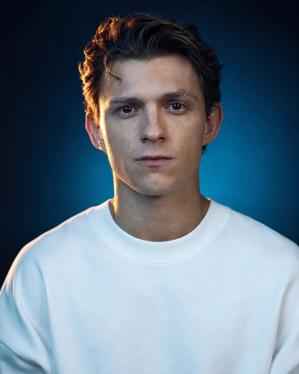 A clean hyperrealistic studio profile portrait of a young man in a white oversized crewneck shirt, centered chest-up, with warm amber rim light and cool blue ambient light against a blue-teal gradient background.