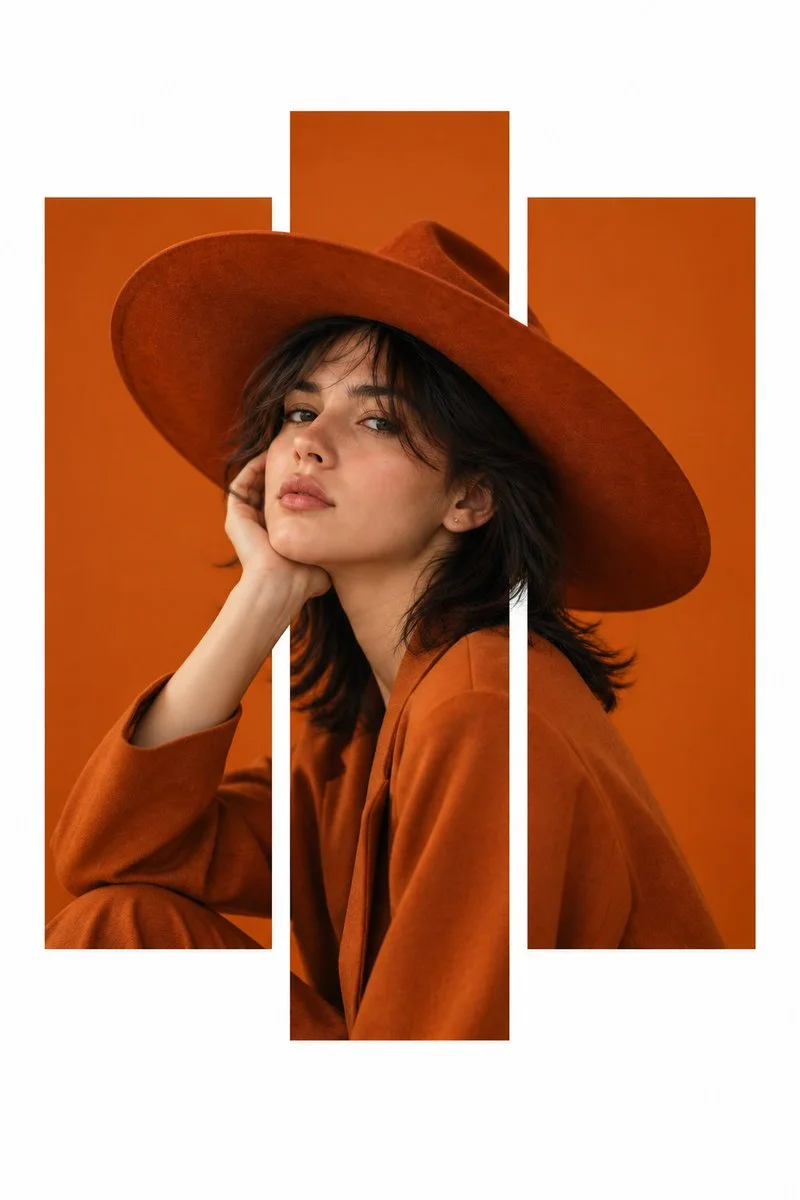 A second minimalist portrait variation of the same woman resting her face on one hand across three orange vertical panels on white.