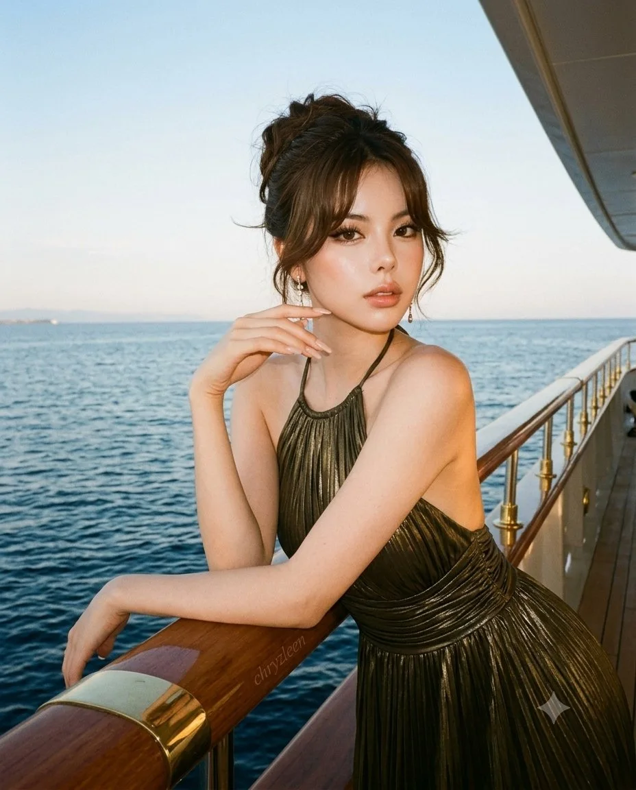 A second golden-hour yacht fashion portrait of a woman in a dark olive metallic halter dress leaning on polished wooden railings with ocean and pale sky behind her.
