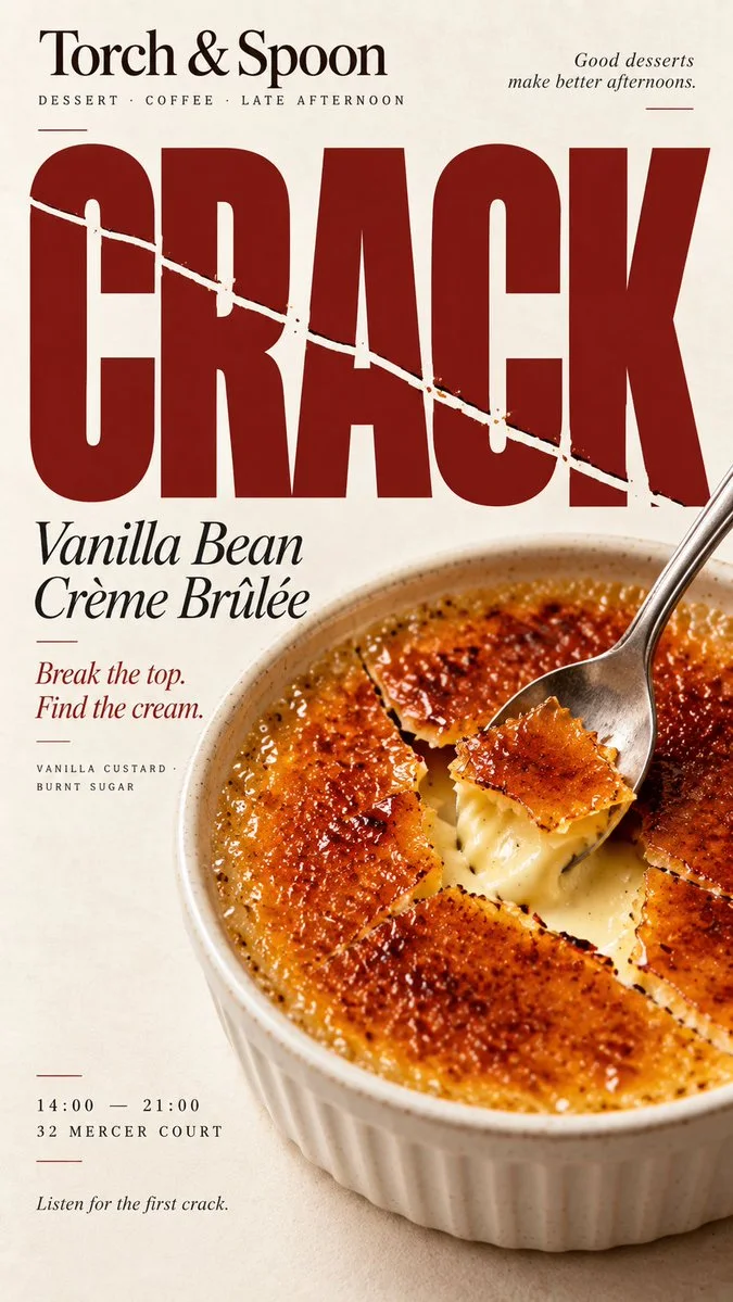 A crème brûlée poster where a caramel crack runs through oversized typography.