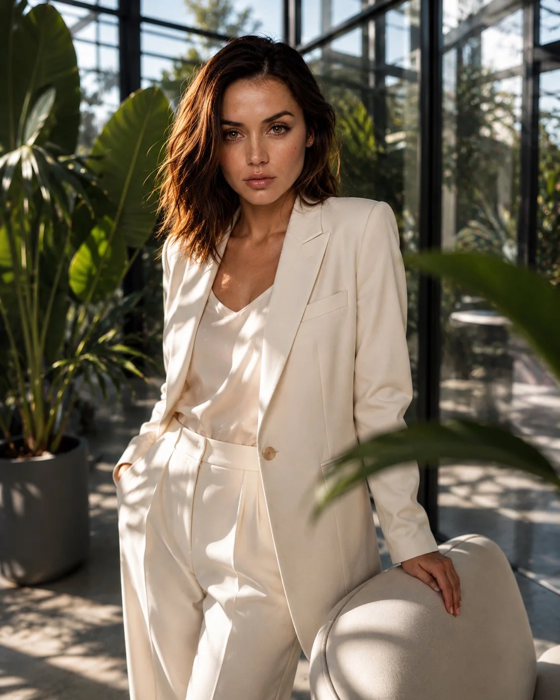 A photorealistic luxury fashion editorial portrait of a woman in an ivory cream tailored suit inside a glass conservatory, standing beside a sculptural chair with tropical leaves and dramatic sunlight.