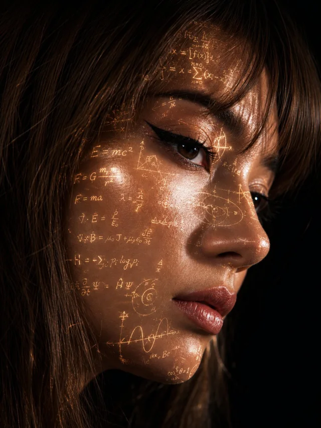 An ultra-photorealistic macro side-profile beauty portrait against a black background with glossy skin, dramatic Rembrandt lighting, and glowing golden scientific equations projected across the face.