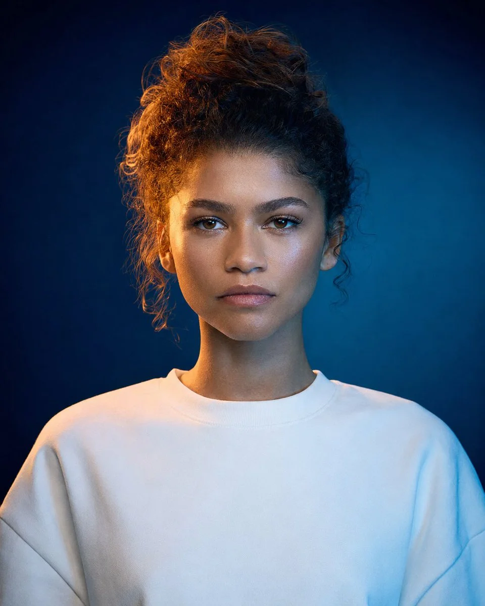 A clean hyperrealistic studio profile portrait of a young woman in a white oversized crewneck shirt, centered chest-up, with warm amber side light and cool blue ambient lighting against a blue-teal gradient background.