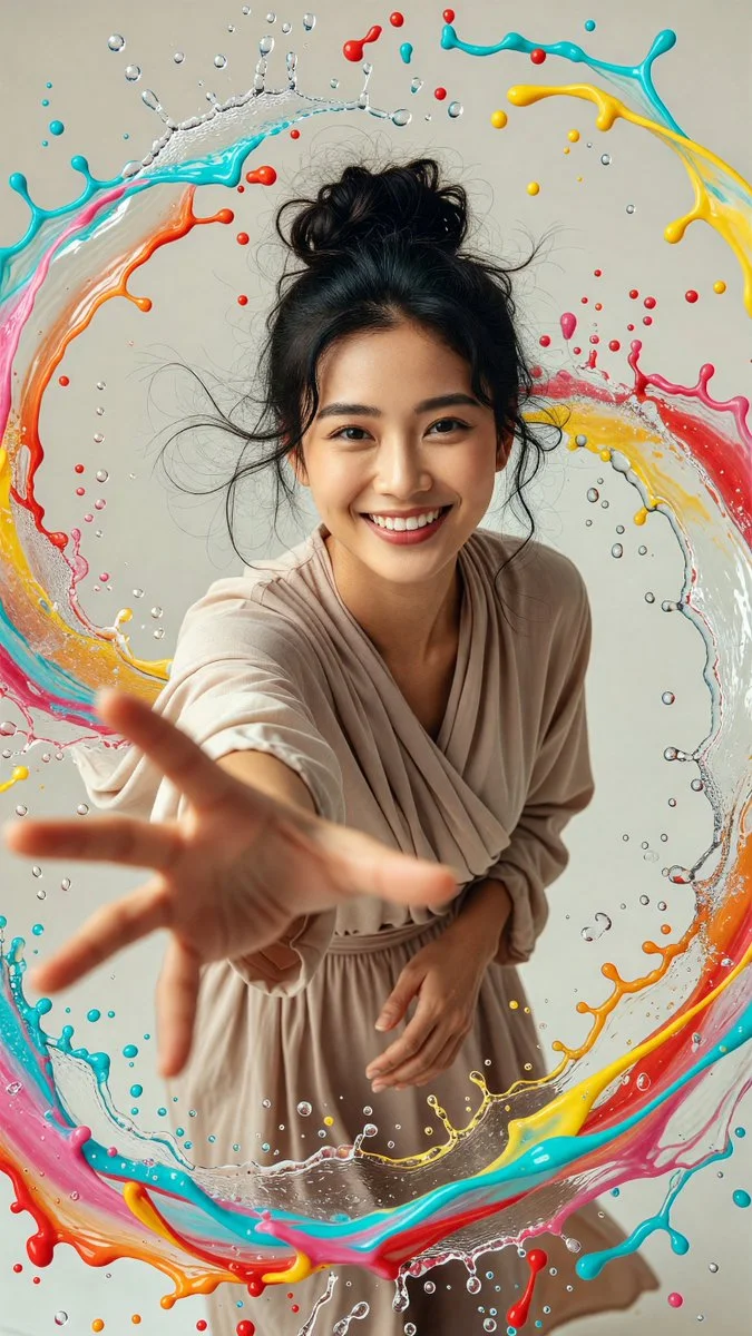 A second colorful splash fantasy portrait of the woman leaning forward with enlarged reaching hand and a circular liquid arc.