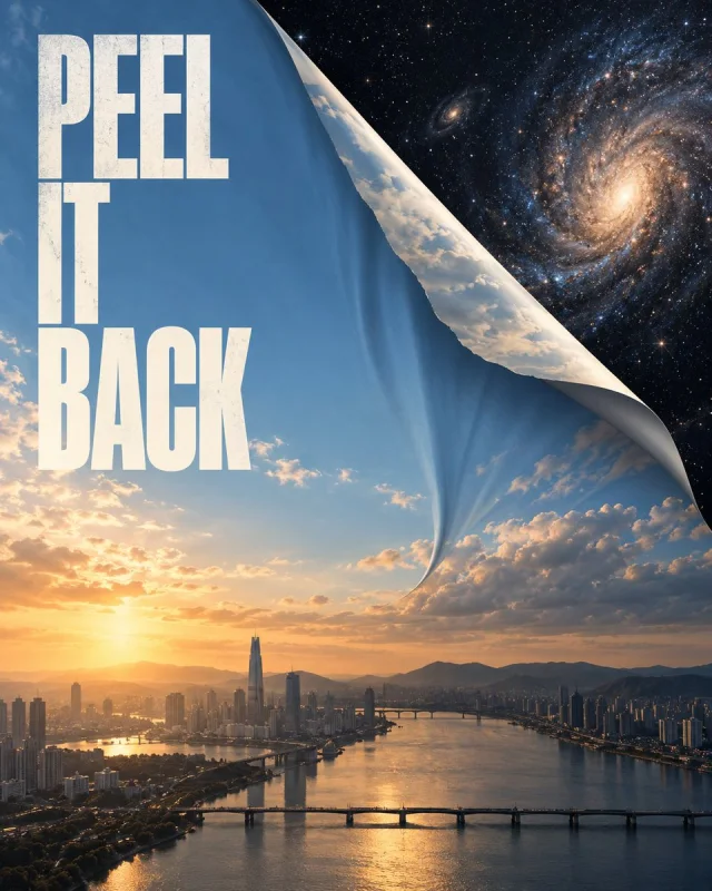 A city sunset poster where the blue sky peels back like wallpaper to reveal a luminous spiral galaxy, with the headline PEEL IT BACK.