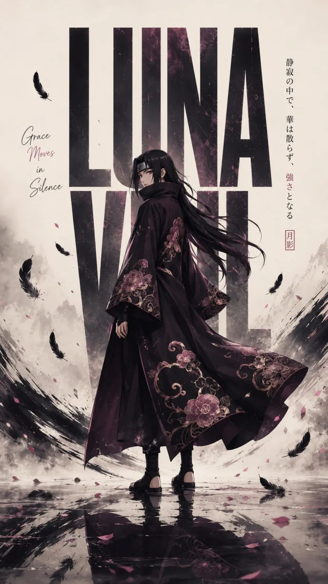 A cinematic anime editorial poster of a mysterious female shinobi in a flowing black cloak with floral motifs, standing on a glossy reflective surface before huge LUNA VEIL typography, feathers, ink strokes, mist, and Japanese vertical text.