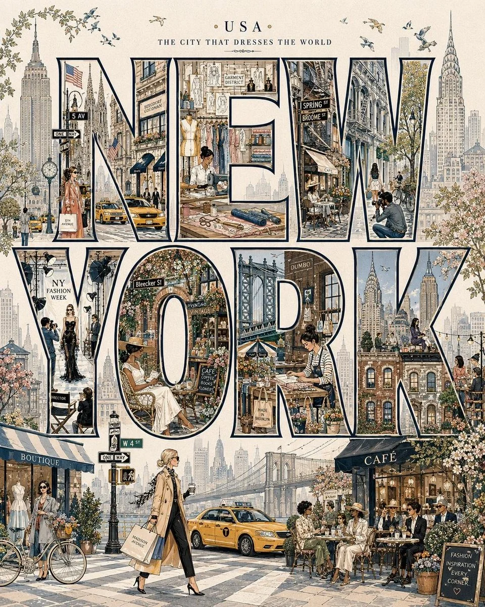 A vintage-style editorial travel poster variation with bold city typography, botanical motifs, and a panoramic skyline below.