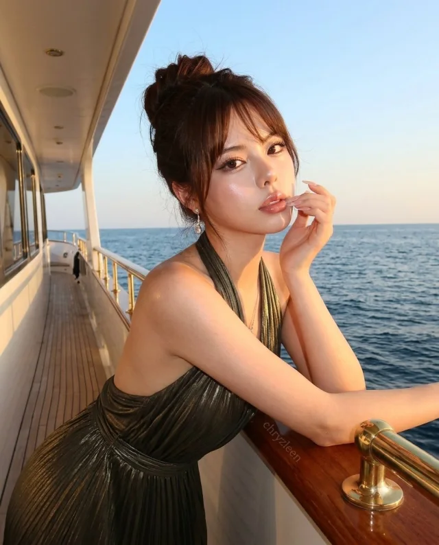 A warm Y2K compact-camera fashion portrait of a woman leaning on a luxury yacht railing at golden hour, wearing a dark olive metallic halter dress with the ocean behind her.