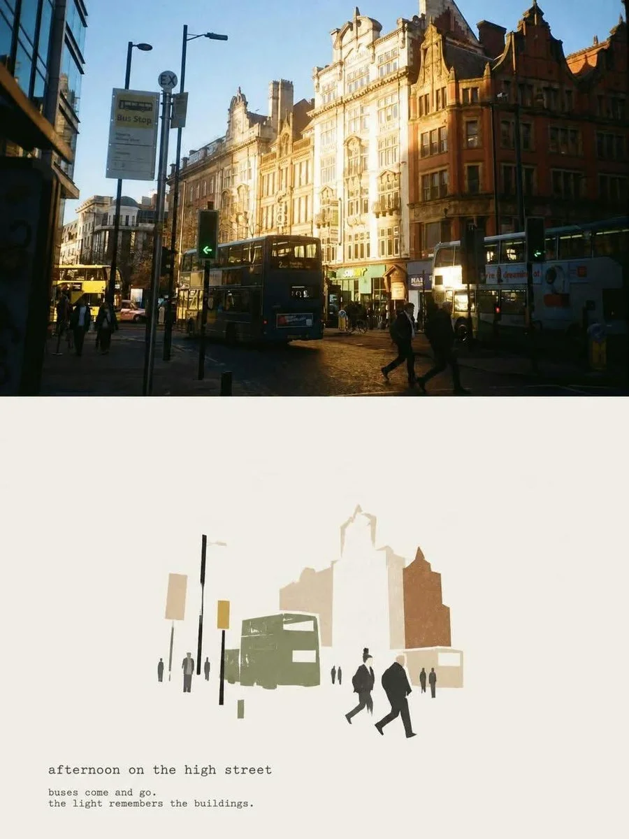 A minimalist editorial travel-journal poster showing a city high street with buses and historic buildings on warm ivory paper with simplified shapes and typewriter text.