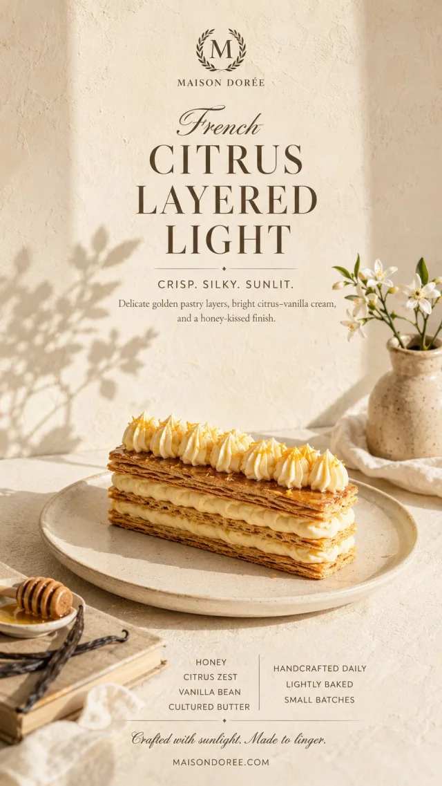 A vertical French pâtisserie poster for Maison Dorée showing a citrus mille-feuille on a ceramic plate with elegant typography, warm plaster wall, flower vase, honey dipper, and ingredient panels.