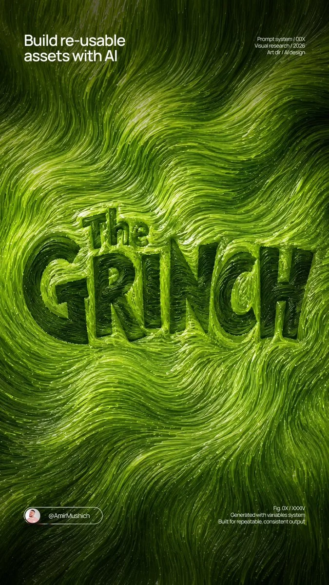 A green viscous fiber-flow typography/material poster reading “The GRINCH,” built from dense continuous wet filaments and glossy directional relief.