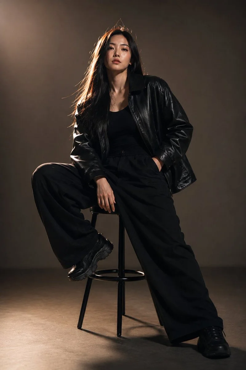 A second studio portrait of an adult East Asian woman on a stool in an oversized black leather jacket and wide black trousers, with cinematic rim light and neutral backdrop.