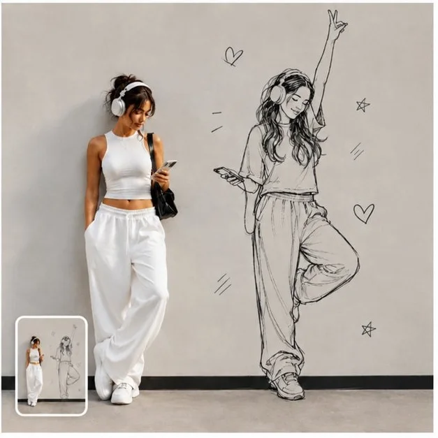 A woman wearing headphones and white athleisure looks at her phone beside a matching graphite wall sketch, with small heart/star doodles and a Polaroid inset.