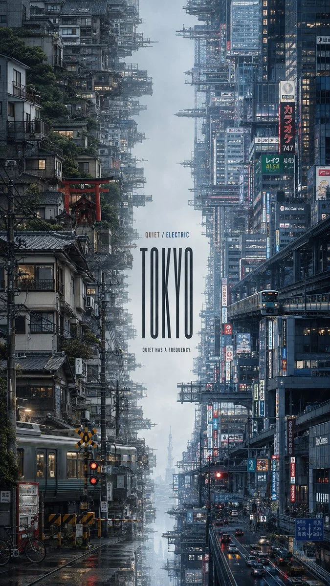 A premium 9:16 Tokyo two-sided editorial city poster, quiet residential/traditional side facing dense electric neon city side, with central TOKYO typography.