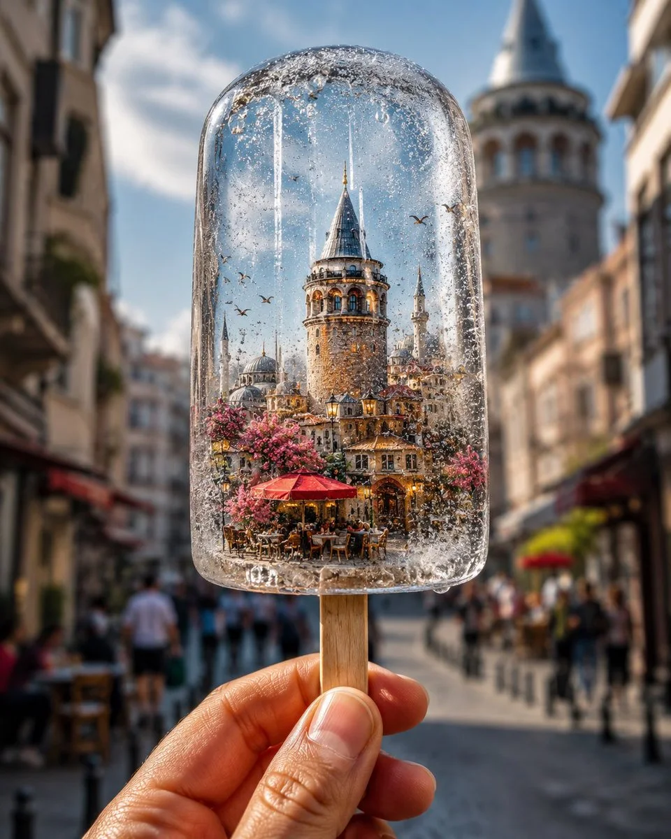 A hand holds a clear ice popsicle containing a miniature Istanbul/Galata Tower city scene, with a blurred street and tower backdrop.