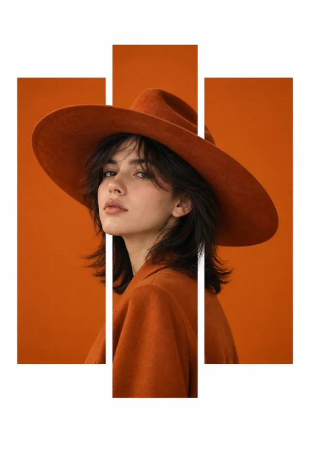A minimalist portrait of a woman in a wide burnt-orange hat and blouse segmented across three orange vertical panels on white.