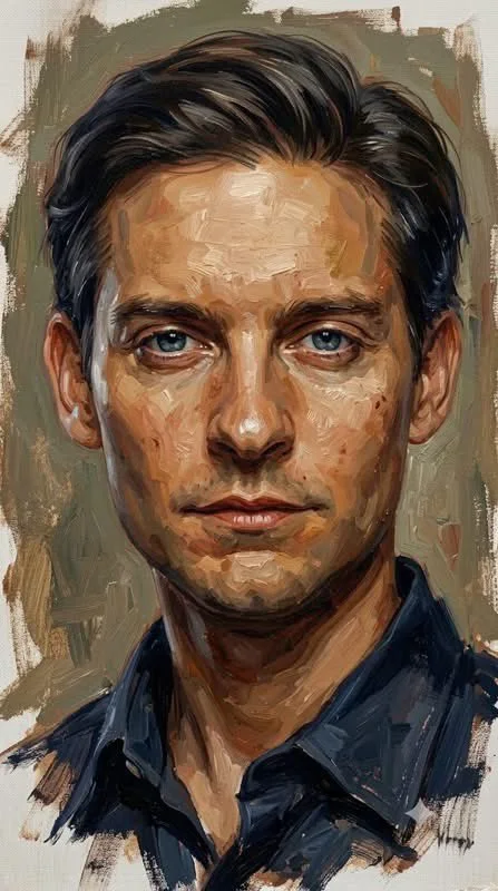 An expressive oil portrait of a young dark-haired man with visible warm brushstrokes and an unfinished neutral background.