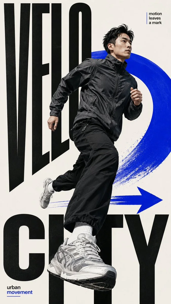 A 9:16 VELOCITY editorial poster with a runner moving through massive black typography and a cobalt blue motion arrow/arc.