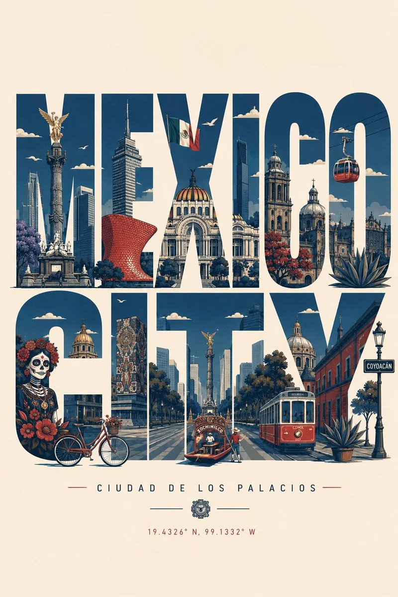 A minimalist travel poster variation with bold uppercase city letters filled with monuments and a clean cream background.