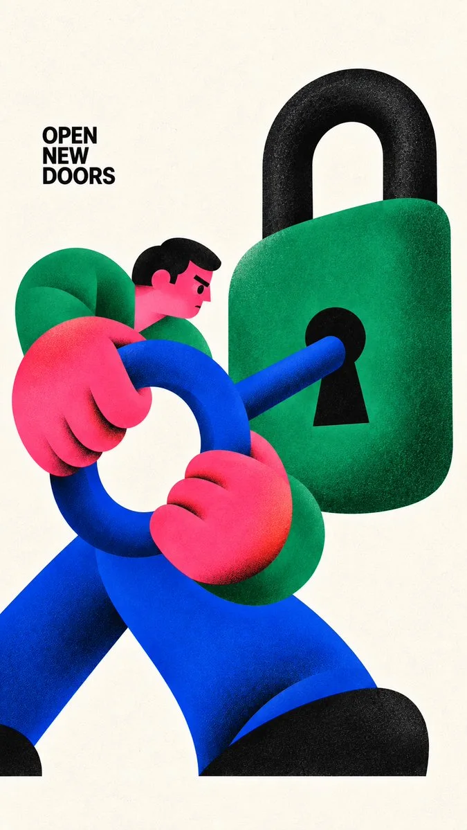 Open New Doors: a geometric locksmith turns an oversized cobalt key inside a large emerald padlock.