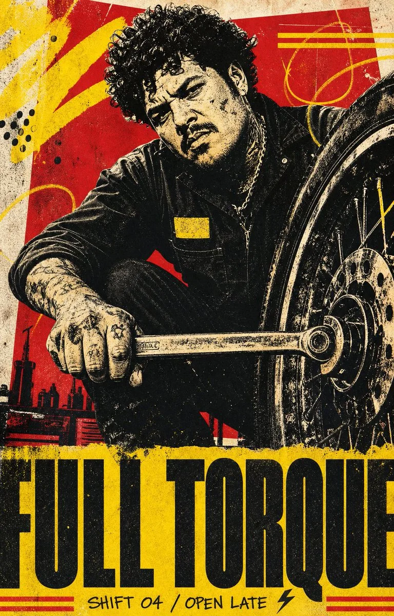 A gritty four-ink halftone screen-print poster titled FULL TORQUE, showing a night mechanic working on a wheel with black posterized portrait, scarlet background shape, chrome-yellow title band, bolt glyph, misregistration, and paper grain.