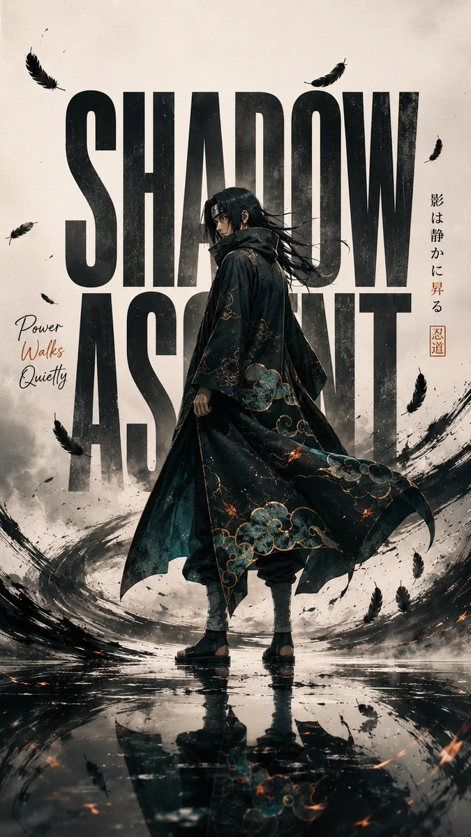 A cinematic anime editorial poster of a mysterious male shinobi in a flowing black cloak with teal and ember accents, standing on a glossy reflective surface before huge SHADOW ASCENT typography, feathers, ink strokes, mist, and Japanese vertical text.