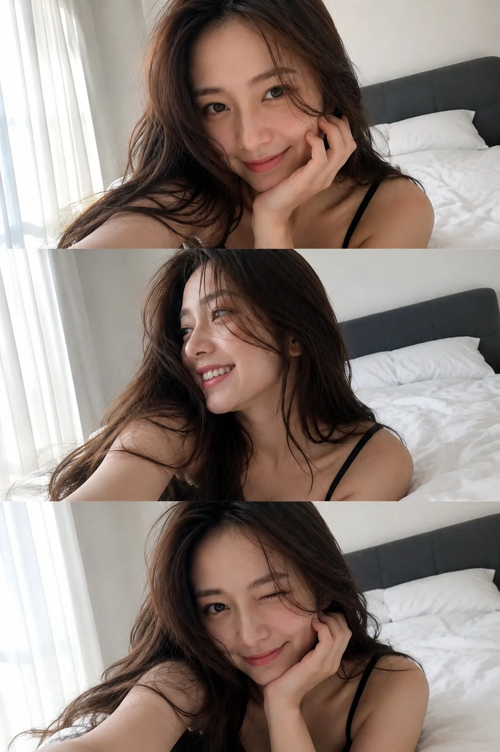 A three-frame vertical smartphone-style bedroom portrait of a young woman with long wavy dark-brown hair on a plush white bed, wearing a black thin-strap top, shown smiling, looking away, and winking in bright natural morning light.