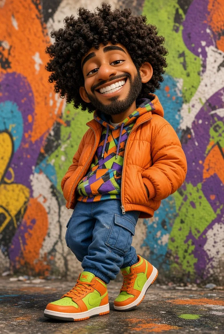 A smiling big-head 3D streetwear caricature with curly afro hair, orange puffer jacket, colorful geometric hoodie, blue cargo pants and orange-green sneakers against a graffiti wall.