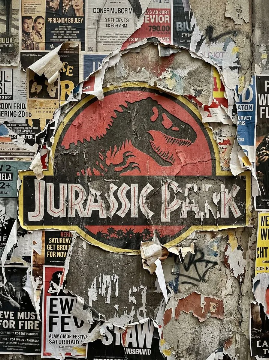 A Jurassic Park logo revealed through torn poster layers on a weathered city wall, with rough plaster, curled paper, and authentic street texture.