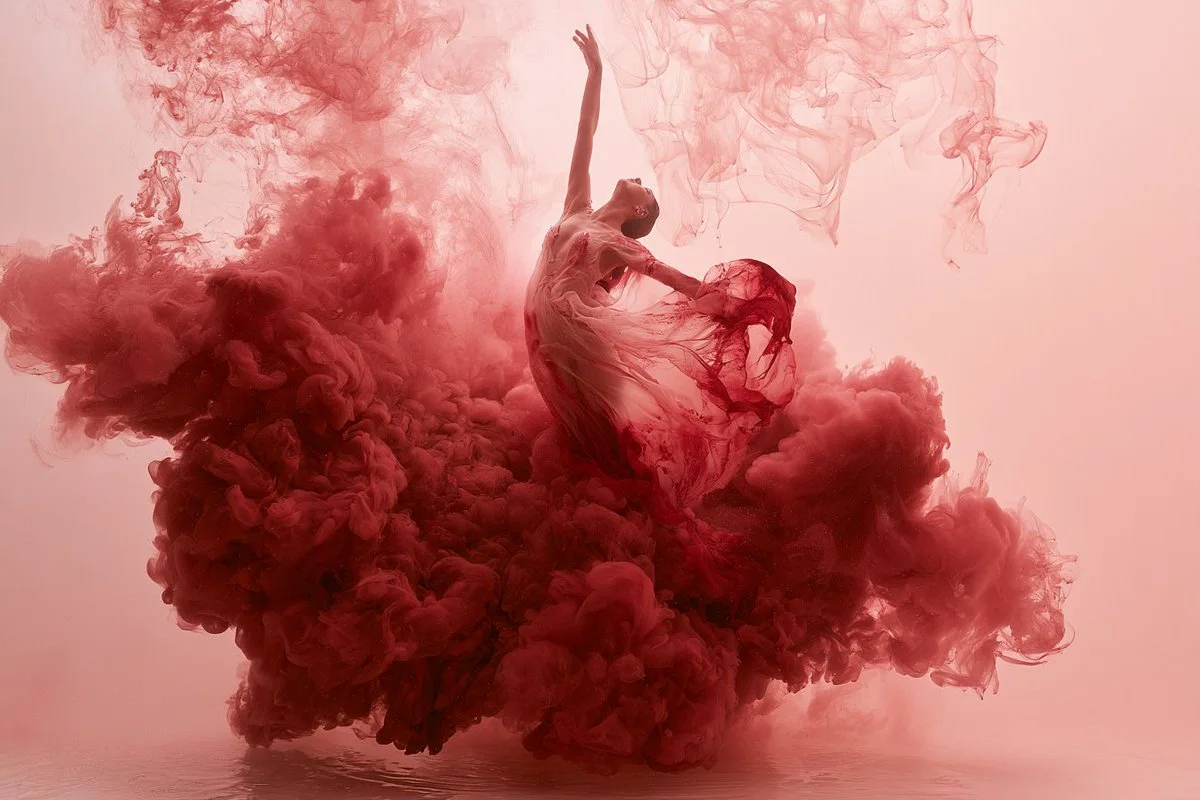 A dancer-like figure suspended in red underwater ink clouds, with fabric and pigment blooming around the body.