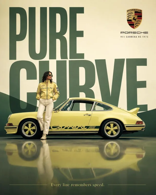 A high-end surreal automotive advertising poster of a vintage car in clean side profile with a stylish figure beside it, giant background typography, and a brand logo in the top corner.