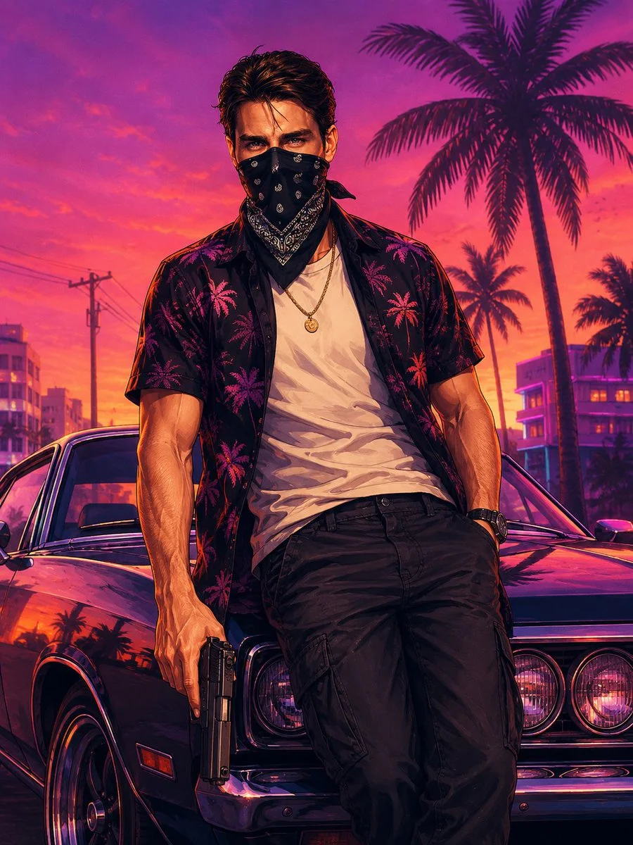 A masked male character in palm-print shirt stands in front of a muscle car under a pink-orange sunset with palm trees and Vice City atmosphere.