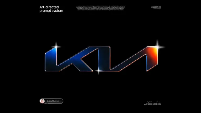 A KIA-style logo rendered as a shallow dark-metal 3D emblem on a black background with blue-black satin faces, polished bevels, and bright specular highlights.