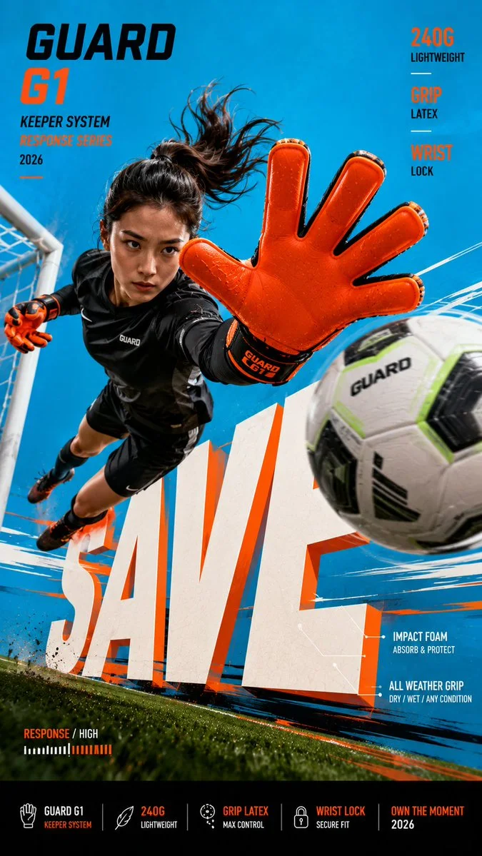 A motion poster with a goalkeeper diving toward a ball and large SAVE typography on a blue background.