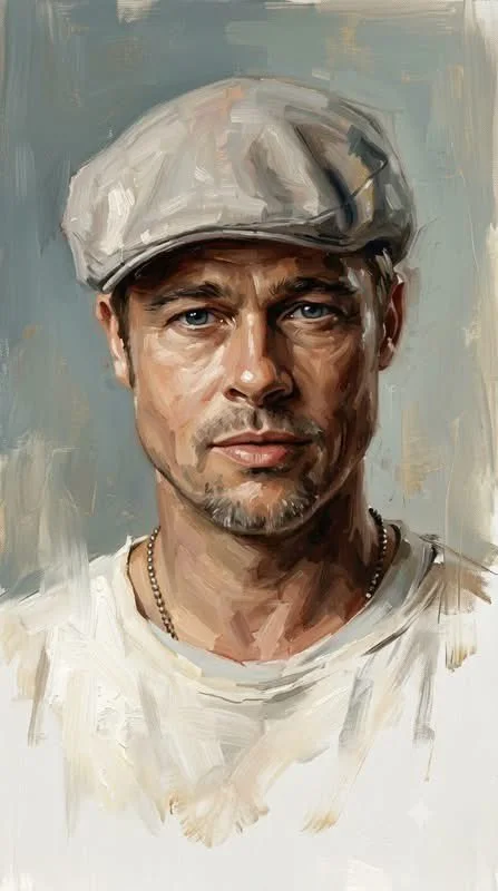 A contemporary oil portrait of a man in a light cap and white shirt with expressive brushwork and unfinished lower body dissolving into ivory paint.